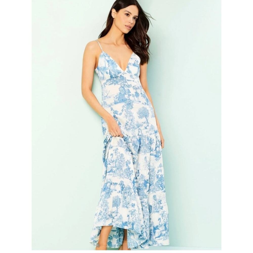 GIANNI BINI french toile max dress in blue and‎ white sz 8 maxi